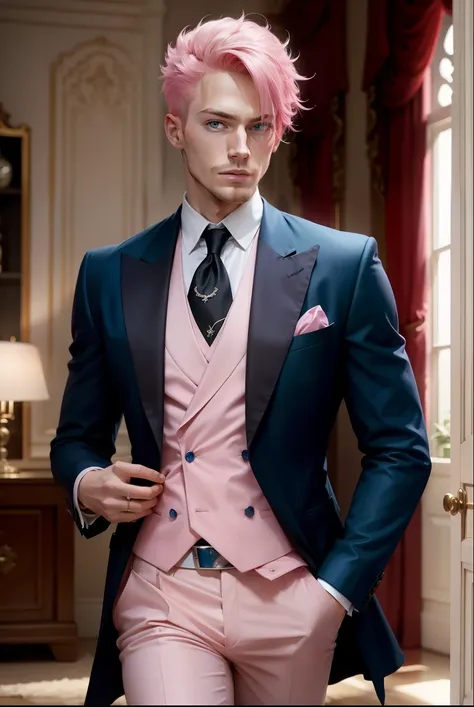 
  Pink-haired man ,  blue eyes,  dressed elegantly and very attractive