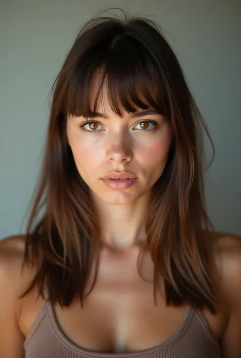  photograph ,Of a strong 18-year-old girl,of straight hair,with bangs,and honey-colored eyes 