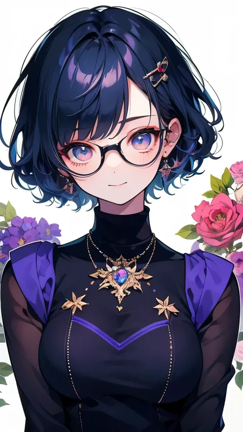 ((  top quality)), (( Masterpiece)), (   Details),   wallpaper、Very   Details 、(((Very   Details な目と顔)))、 Masterpiece、 top quality、 To   Details、Glasses、 Movement angle 、   bright color、smile、whole body、  face the audience offering tea。、  short hair、Blue H...