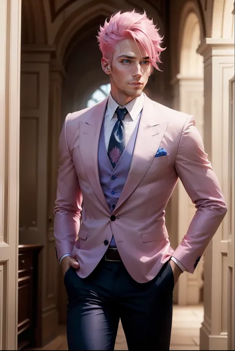 
  Pink-haired man ,  blue eyes,  dressed elegantly and very attractive