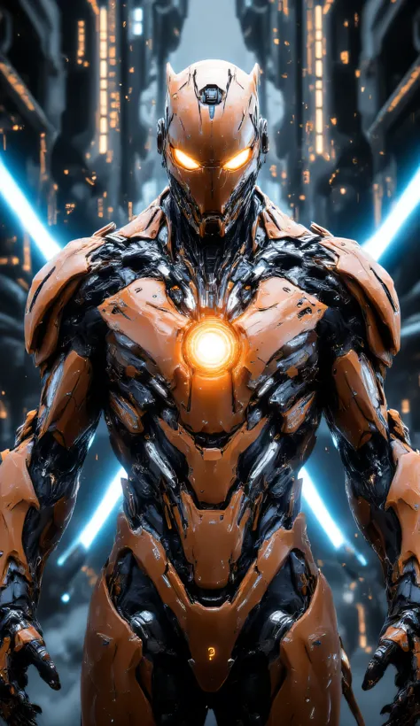 "Imagine Australia's Iron Man suit, a futuristic masterpiece designed with earthy orange and shimmering bronze tones, blending the raw power of nature with cutting-edge technology. The suit's design is sleek, yet rugged, reflecting the bold spirit of Austr...