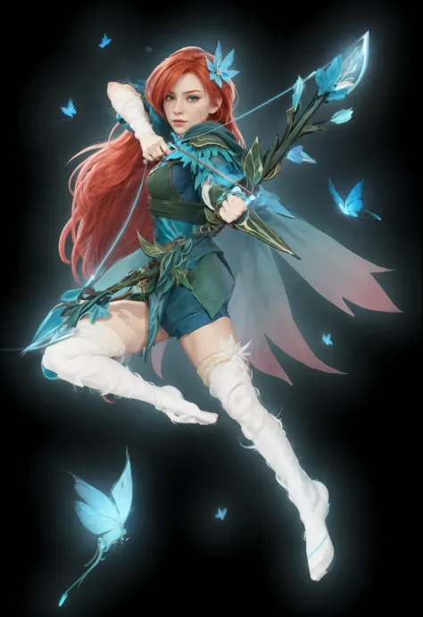 Character with red hair, legs end with white wind, tip of hairs into neon light blue, bow and arrow, in left hand holding bow and with right hand bowstring, turquoise cape, green and white bacgroun, blue butterflies around her, fantasy character, looking a...