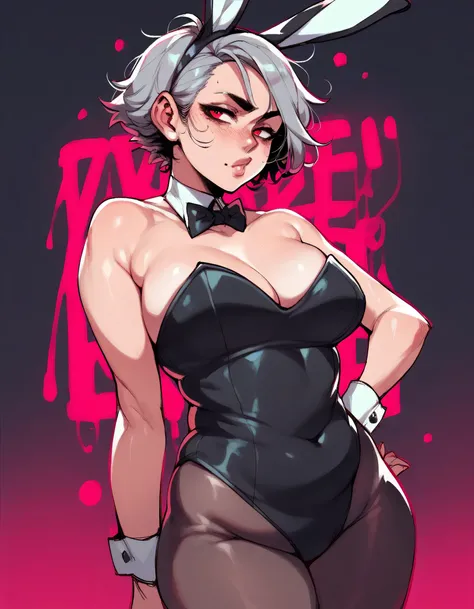 sexy woman; gray hair; short hair; big tits; chubby body; bunny costume; red neon background; Safe to work content 