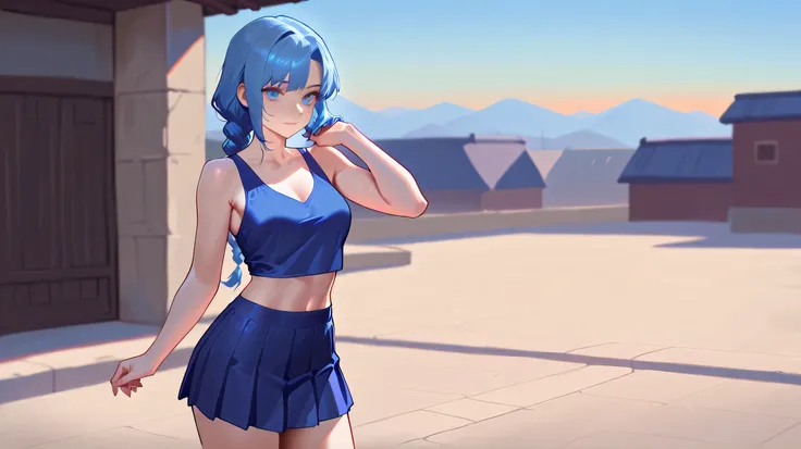 Jinx of the arcane tv series on roof top at the evening sunset with a short skirt and a v neck tank top, 4k resolution, Ultra quality,, breathtaking digital art, 8k, high resolution, best quality, Blue long braided hair, carefully generated beautiful hands...