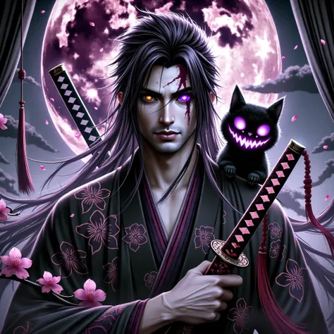 Make me a samurai in a black kimono with Sakura flower patterns with 3 katanas (un noir un violet et un rouge) On the back with a black cat with a horrific purple cheshire smile 