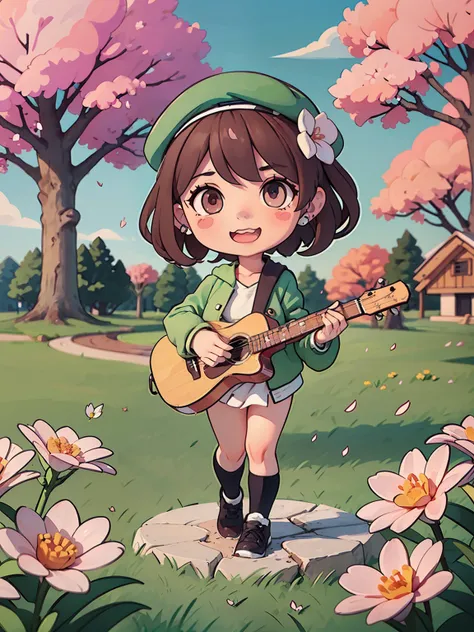 ( Masterpiece),(  Flat Lighting),(ultra-detailed), ( whole body :1.2),
1 girl,Chibi, cute,  smileopen mouth ,
flower, outdoor, Play the guitar, song,  Beret , Holding a ,  Jacket ,  shy, tree, :3, shirt,  short hair ,   cherry blossom  , Green Hat Set , Bl...