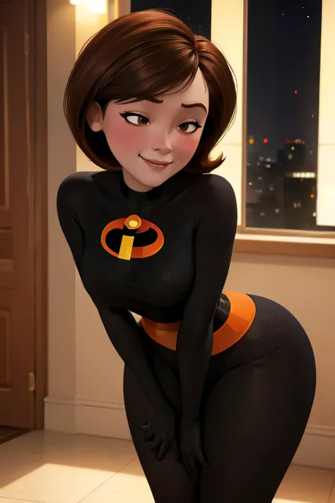   high quality ,  masterpiece,   better quality, helenparr, 3d , 3d  character, disney character, The Incredibles, Helen parr, looking at the viewer, closed  smile  ,  brown hair,  brown eyes, Mature woman, revealing outfits , forced  smile  ,  standing, B...