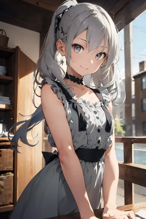 (( top quality)), (( Masterpiece)), (  Details), Girl with arms crossed behind her back, beautiful girl, , long gray hair, eyes visible from between her hair, lightly twisting the hair on the side of her ears, beautiful gray hair, smiling, beautiful eyes, ...