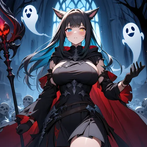 (masterpiece), best quality, expressive eyes, perfect face,1girl,final fantasy xiv,miqo'te,(heterochormia,right blue eye,left yellow eye,emotionless,blush,cultist,black dress,tattered clothes,tattered cloak,black cloak,detached sleeves,long sleeves,bridal ...