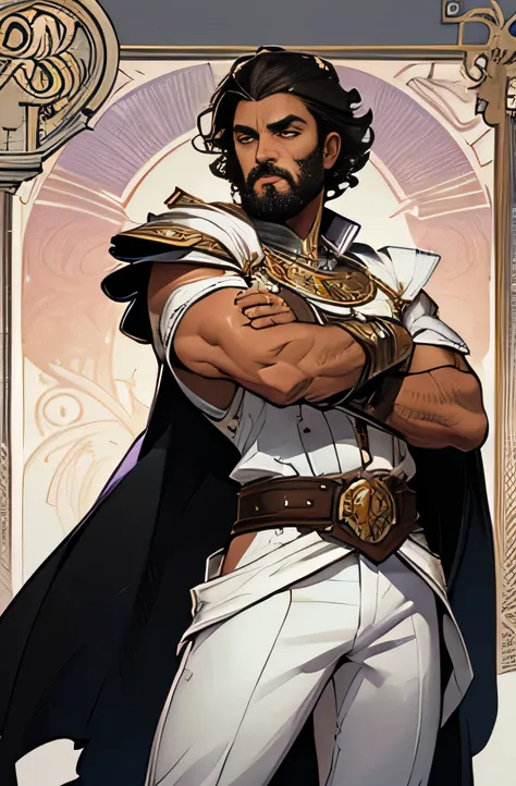 Elaborate border, brown man with silver eyes and short masculine curly hair, thin short beard,  wearing white pants cold cape with a sheathed dagger,  good anatomy, dynamic pose, good proportions, Modern flair, vector, highly detailed, intrikate, work of a...