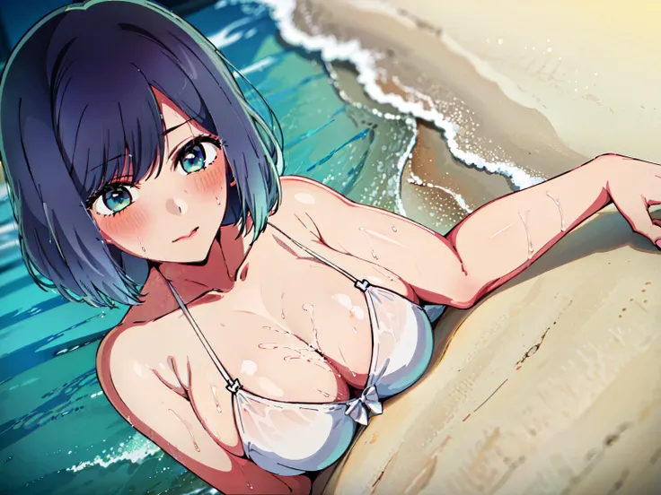 (( Masterpiece)) (( top quality))Akane Kurokawa、 short hair、(girl top-up bottom-down:1.3),、 lies down、 1girl , white bikini、(sea、 Sandahama:1.3),   shiny skin,  Tight Breasts ,  , (big breasts)、breasts Focus,