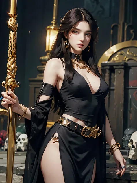 1 girl, solo, details, masterpiece, best quality, photorealistic realism, beautiful girl, long hair, black hair, skull headband, gold earrings, (((red eyes))), beautiful face, skull necklace, perfect body, large breast, open chest, black long dress, skull ...