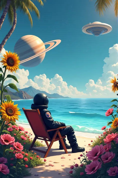 An astronaut in a black suit is lying on a beach chair . A beach full of flowers, sunflower, the background of the planet Saturn, the style of Fankhukh .A flying dish in the sky 
