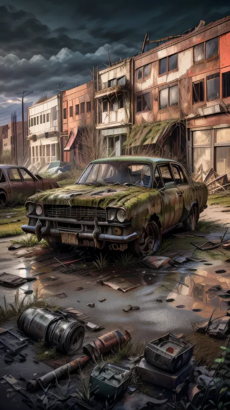 Dead and ruined city filled with decay, rust, moss, plant roots, grass, apocalypse,damaged and destroyed cars,8k,realistic,intricate detail,Masterpiece, Accurate, Award Winning, Best Quality, Detail, Damaged, HD, Textured Skin, moss everywhere