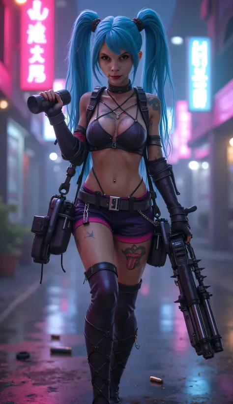 "A hyper-realistic and highly detailed digital artwork of Jinx from League of Legends, portrayed as a realistic human woman. She has a natural-looking face with lifelike skin texture, visible pores, and subtle imperfections that make her look real. Her eye...