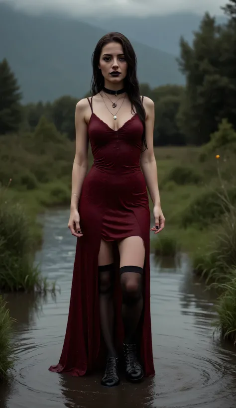 (Full Body Shot, Rainstorm, DUSK, ((nude woman, 20 years old, soaking wet, dark long hairs,))(Choker, black, goth, soaking wet,)((black lipstick, goth makeup,))(wet Long Lace Dress, goth, red, Soaking wet,)(wet over-the-knee socks, black, soaking wet,)(hig...