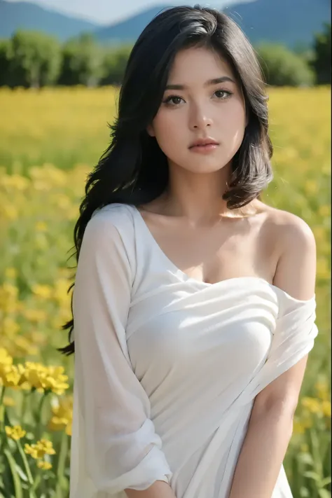 (masterpiece, best quality:1.2, 8k RAW photo, 1 naked girl girl, solo, natural soft lighting), medium breast, standing in flower field, mountains background, upper body, looking at camera, the wind is flowing her hair