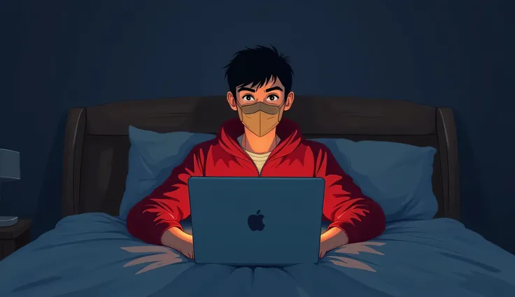 The character of a young narrator He wears a red jacket and a tan mask. He is sitting on the bed with his laptop, and resting his arms on the laptop. It's night. The room is a good size lighting. He is facing the camera from the front, looking straight and...