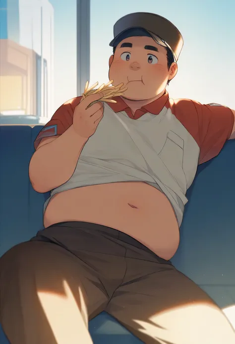  Anime style, A boy,  Middle aged man , arita haruyuki, postman's uniform, auricular, exposed plump belly button , leaning on a sofa,  eating French fries lazily