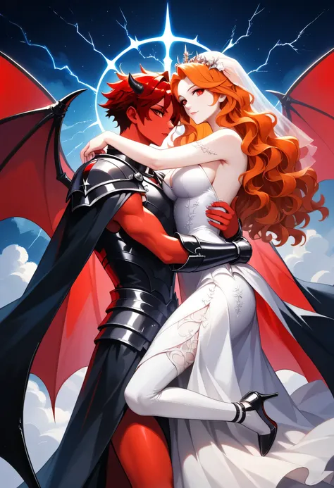 score_9, score_8_up, score_7_up, an epic comic art painting, watercolor masterpiece art knight and a bride hugging in heaven, a female knight wearing armor, leather dress, intricate dress,  high heels, dynamic color dress, pale skin, best details beautiful...