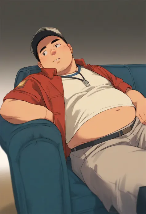  Anime style, A boy,  Middle aged man , arita haruyuki, postman's uniform, auricular, exposed plump belly button , leaning on a sofa, Looking at nothing lazily