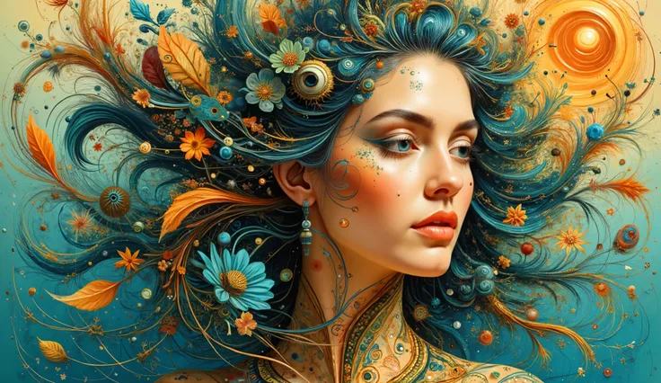 a highly stylized portrait of a woman adorned with intricate designs. Her hair flows gracefully, intertwined with leaves and abstract shapes. Vibrant colors like teal, orange, and subtle earth tones create a harmonious blend throughout the composition. Th...