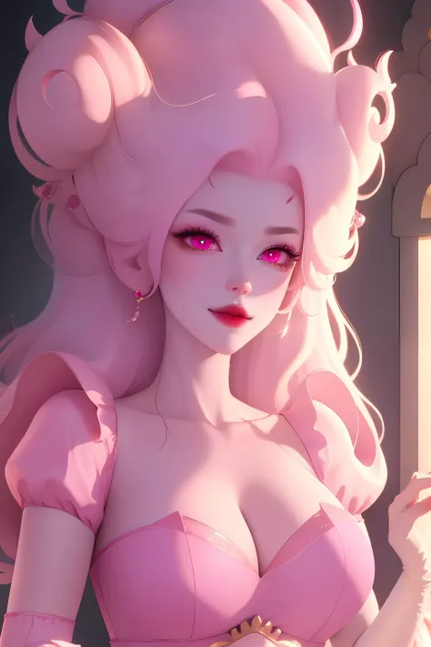 pnkdamond, pink hair, pink eyes,  big hair,  stomach gem,  pink skin,  toned, 
puffy short sleeves, elbow gloves ,  white thighhighs,   puffy dress, 
standing, upper body, 
 outerspace,  
(insanely detailed, beautiful detailed face,beautiful detailed eyes,...