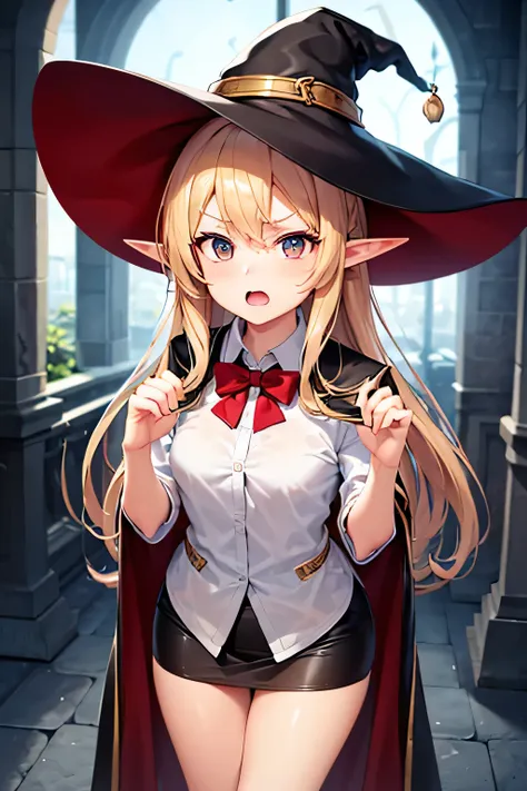 Number of people: 1
Sex: Female.
Age: Around 18 years old.
Race: Short-eared elf.
Eyes: Reddish.
Hair: Long and blonde.
Height: 163 cm.
Build: Thin.
Mood: Outraged, upset, with open mouth.
Posture: Standing, hands clenched.
Breasts: Small.
Butt: Small.
Clo...