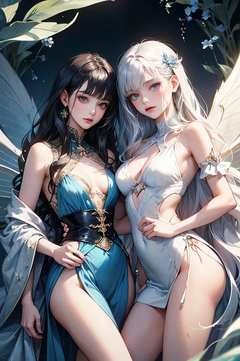  2 women, twins, Black Brother Twins,  long wavy hair,  dark pink eyes, , bleak eyes, Slim waist, Slim legs, Has a frivolous temper, Angel Wings 1 Black Side,  Silver Twins, Long straight hair, Bangs, Sea blue eyes,  eyes sparkle ,  thin waist, Fairy Wings...