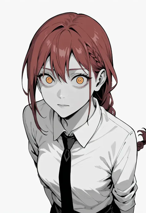 score_9, score_8_above, score_7_above, looking at the viewer, hands, red hair, braided ponytail , with wide-set eyes , yellow eyes , white shirt, black tie, dark, without emotion, monochrome, simple background