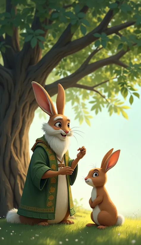 A wise old rabbit grandma sitting under a tree, giving motivational advice to Golu, who listens carefully."