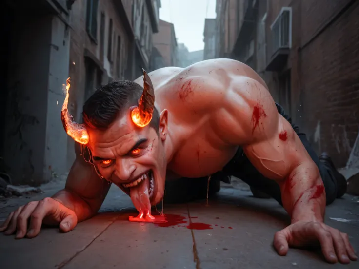 In the heart of a desolate, dimly lit alley, a chilling scene unfolds beneath the glow of a lone amber spotlight. The air is thick with an oppressive silence, broken only by the guttural growls of a menacing bulldog. Its eyes, glowing red with primal fury,...
