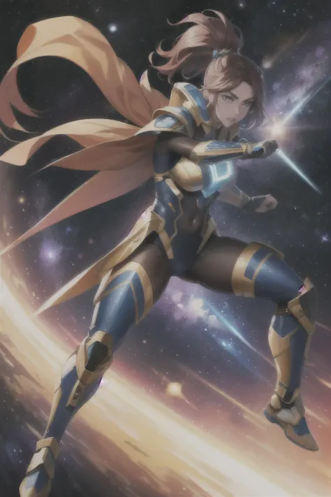 Space warrior named Anitta, fighting in a futuristic world, within the Andromedra galaxy, powerful, cinematic, perfect