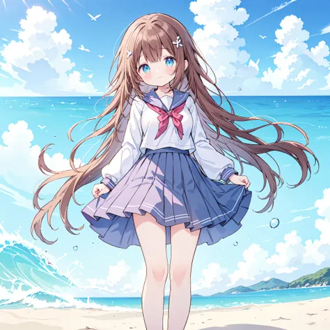 ((( super detailed, very detailed CG, Masterpiece, high quality, 4K, Hi-Res, sharp concentration, Take a commemorative photo on a sandy beach with the calm and beautiful sea in the background, anime style illustration ,Brown hair))),(Alone:2), cute, Sm...