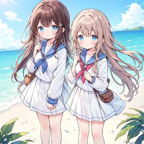 ((( super detailed, very detailed CG, Masterpiece, high quality, 4K, Hi-Res, sharp concentration, Take a commemorative photo on a sandy beach with the calm and beautiful sea in the background, anime style illustration ,Brown hair))),(Alone:2), cute, Sm...