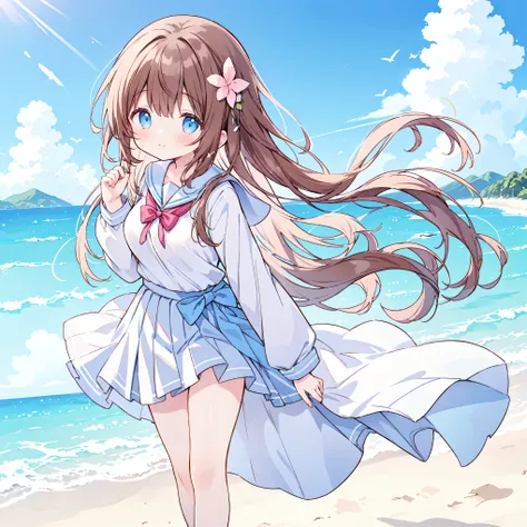 ((( super detailed, very detailed CG, Masterpiece, high quality, 4K, Hi-Res, sharp concentration, Take a commemorative photo on a sandy beach with the calm and beautiful sea in the background, anime style illustration ,Brown hair))),(Alone:2), cute, Sm...