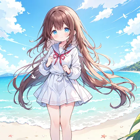 ((( super detailed, very detailed CG, Masterpiece, high quality, 4K, Hi-Res, sharp concentration, Take a commemorative photo on a sandy beach with the calm and beautiful sea in the background, anime style illustration ,Brown hair))),(Alone:2), cute, Sm...
