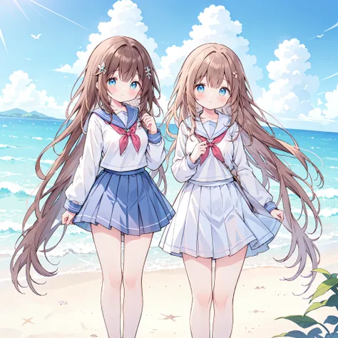 ((( super detailed, very detailed CG, Masterpiece, high quality, 4K, Hi-Res, sharp concentration, Take a commemorative photo on a sandy beach with the calm and beautiful sea in the background, anime style illustration ,Brown hair))),(Alone:2), cute, Sm...