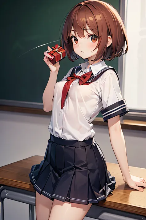 ((((Petite:1.5)))),(Short hair:1.5),(red brown hair:1.5),shyness,
,,(verysmall breasts:1.5),Classroom,give a present,(school uniform:1.5)

