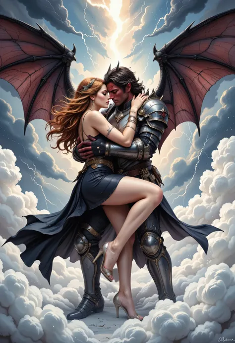 an epic comic art painting, watercolor masterpiece art of a knight and a bride hugging in heaven, a female knight wearing armor, leather dress, intricate dress,  high heels, dynamic color dress, pale skin, best details beautiful face ,dynamic hair color, b...
