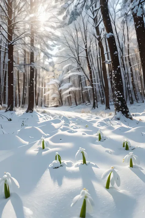 A quiet forest, covered in a blanket of white snow. Winter is slowly giving way to spring. The sun's rays filter through the trees, gently melting the snow. In this enchanting landscape, small snowdrop flowers begin to peep out from the ground, breaking th...