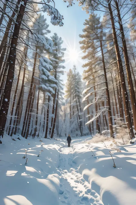 A quiet forest, covered in a blanket of white snow. Winter is slowly giving way to spring. The sun's rays filter through the trees, gently melting the snow. In this enchanting landscape, small snowdrop flowers begin to peep out from the ground, breaking th...