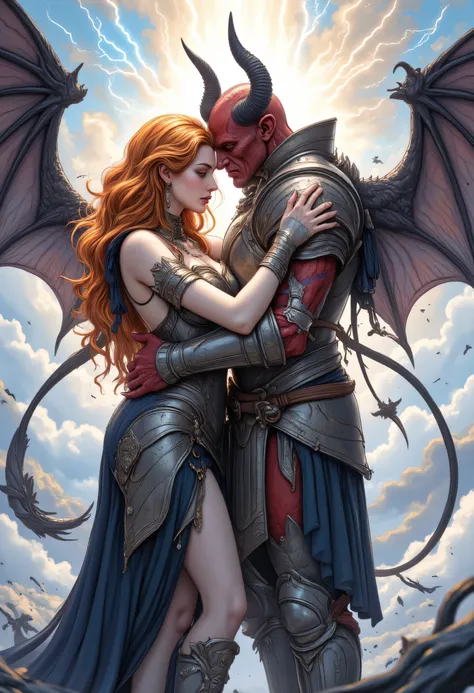 an epic comic art painting, watercolor masterpiece art of a knight and a groom hugging in heaven, a female knight wearing armor, leather dress, intricate dress,  high heels, dynamic color dress, pale skin, best details beautiful face ,dynamic hair color, b...