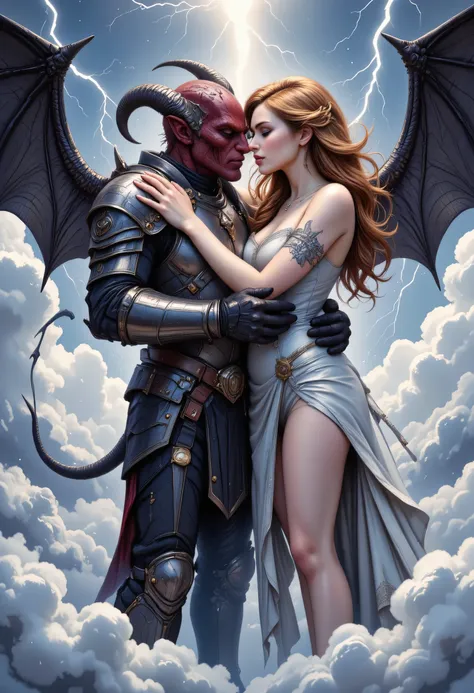 an epic comic art painting, watercolor masterpiece art of a knight and a groom hugging in heaven, a female knight wearing armor, leather dress, intricate dress,  high heels, dynamic color dress, pale skin, best details beautiful face ,dynamic hair color, b...