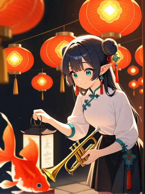 1 Girl,  is unique,  long hair,  blue eyes,  dark hair , Aqua eyes,  happy , Shut up, Medium chest , Hair Bun, Double layer pack , trumpet, Full Bangs, Looking at objects , looking at lantern, holding lantern,bend over, shirt, skirt,  long sleeve, ribbon, ...