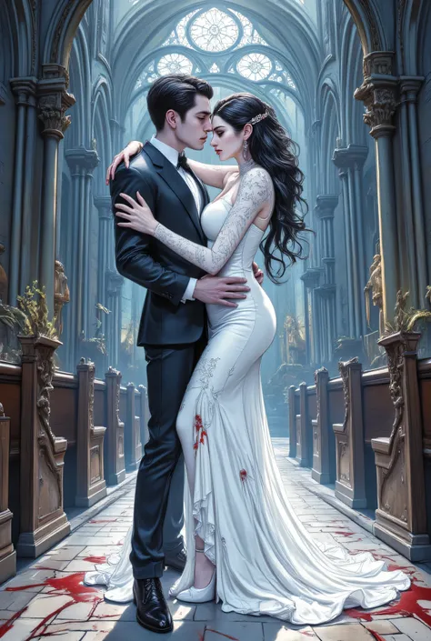 an epic comic art painting, watercolor masterpiece art of a vampire bride and a groom hugging in church, a female vampire, white leather dress, intricate dress, blood stains,   high heels, dynamic color dress, pale skin, best details beautiful face. she sm...