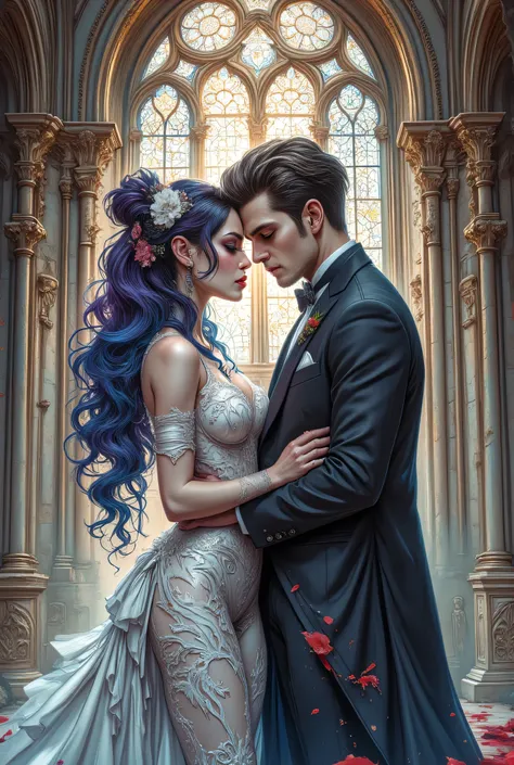 an epic comic art painting, watercolor masterpiece art of a vampire bride and a groom hugging in church, a female vampire, white leather dress, tight dress, intricate dress, blood stains,   high heels, dynamic color dress, pale skin, best details beautiful...