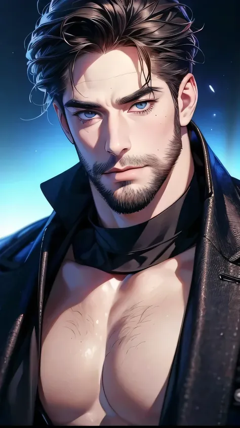 ( stupid,4K,8k, highres, masterpiece:1.2), ultra-detailed,(realistic,photorealistic,photo-realistic:1.37),36-year-old man,3 day beard,cute anime ,Portraits,strong,Masculine, dark hair,sharp jaw, mesmerizing eyes , perfectly combed hair, cool a...