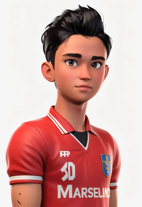 3d cartoon character of marselino, short black quiff hair with thin sides, detailed hair, wearing red jersey with red collar, good lighting, enhance shadow and highlight, high quality 3d model, portrait, isolated with white background