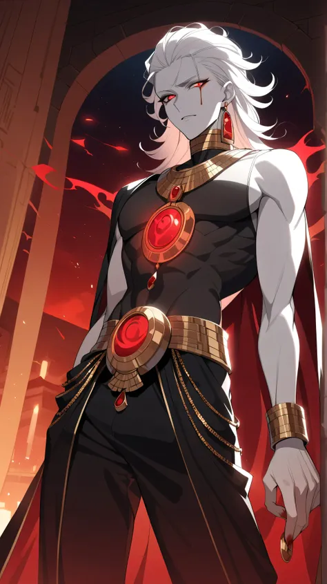 
Pharoah, Handsome, pale white skin, slicked back white hair. Glowing red demon Eyes, Egyptian Black Velvet Robes, Gold Embroidered Black velvet Egyptian pants. Wears a gold chained glowing Ruby circular Egyptian amulet. Has gold rings. Long ruby earings. ...